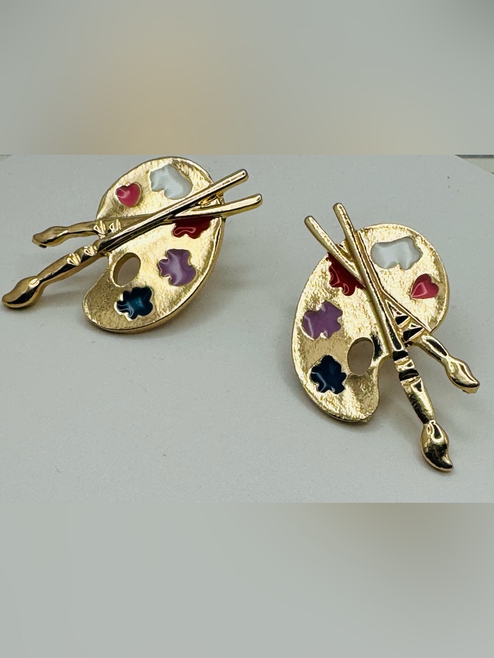 Artist Paint Palette Earrings with Multicolor Enamel Accents Gold Tone